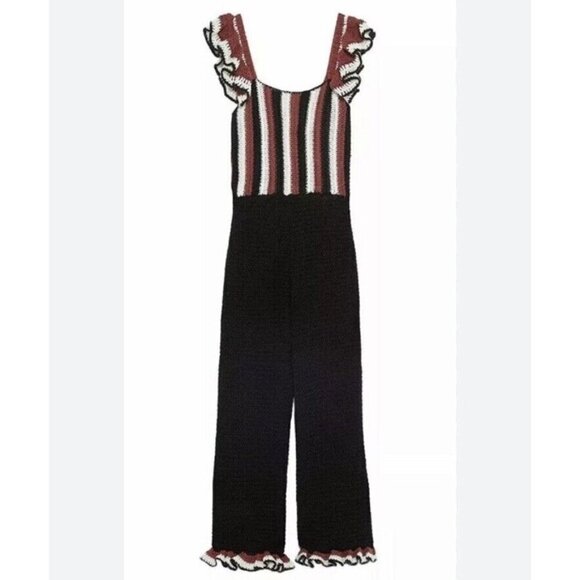 Zara Crochet Knit Ruffle Jumpsuit Sz M NWT Black - Picture 2 of 11